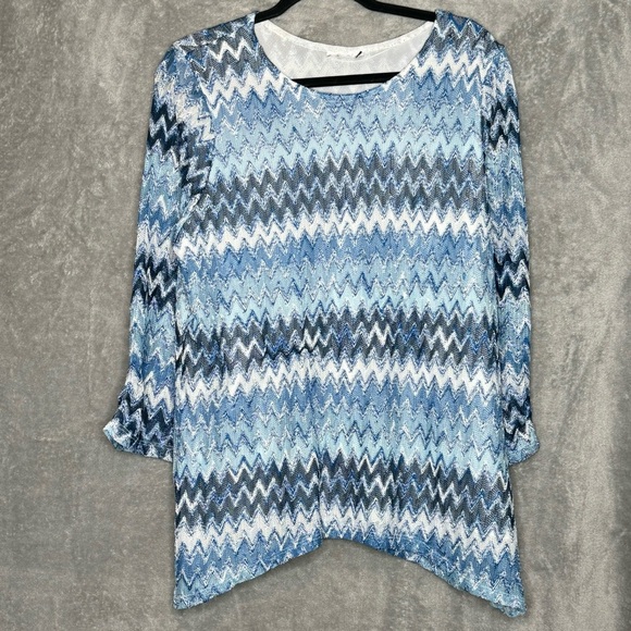 Alfred Dunner 1X Shirt Top Blue Chevron Striped 3/4 Sleeve Scoop Neck Lace Over - Picture 1 of 6